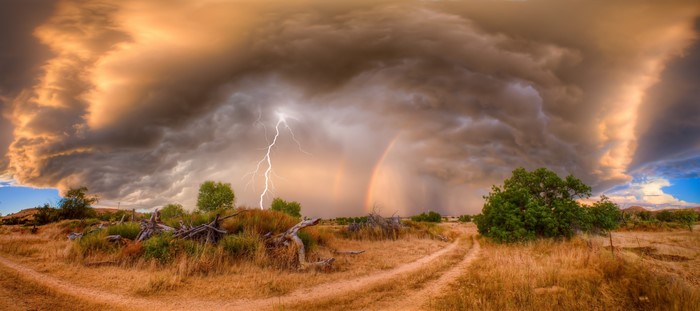 4K Lightning Storm with Rainbow over Landscape
