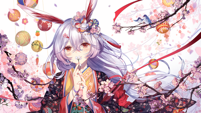 flowers, birds, Theresa Apocalypse, bunny ears, anime girls, wristband, rings, petals, anime, red eyes, ribbons, Japanese clothes, kimono, barrette, cherry blossom, Honkai, long hair, Honkai Impact 3rd