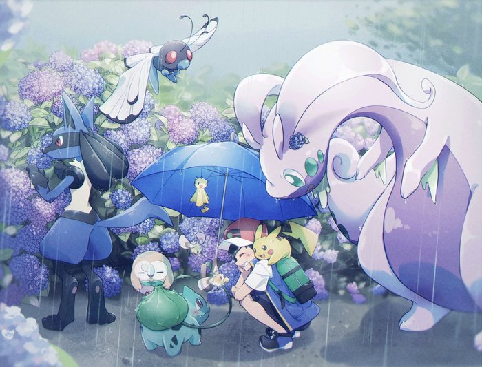 Ash and Pokémon in the Rain