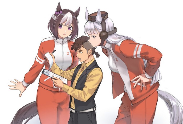 silver hair, simple background, gym clothes, animal ears, Uma Musume Pretty Derby, anime, tail, 2D, arched back, brown eyes, anime boys, Gold Ship (Uma Musume), hands on hips, open mouth, anime girls, french braid, Special Week (Uma Musume), bangs, open jacket, purple eyes, bicolored hair, brunette, white hair, artwork