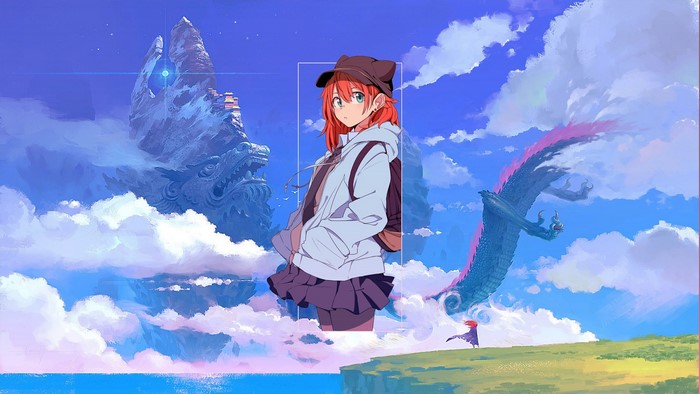 anime girls, sky, landscape, digital art, dragon, picture-in-picture, anime, abstract, metalanguage, loong, Photoshop, chinese dragon, sea, clouds