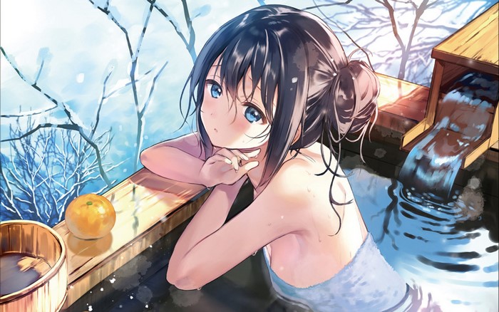 water, wet, bare shoulders, anime, bath, cropped, anime girls, blunt bangs, Hanekoto, towel, blue eyes, tied hair, dark hair, orange (fruit)