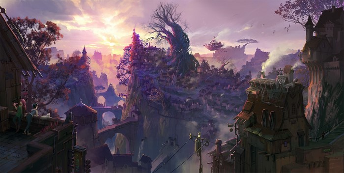 purple, landscape, trees, digital art, fantasy architecture, fantasy city, Avant Choi, cats, fantasy art