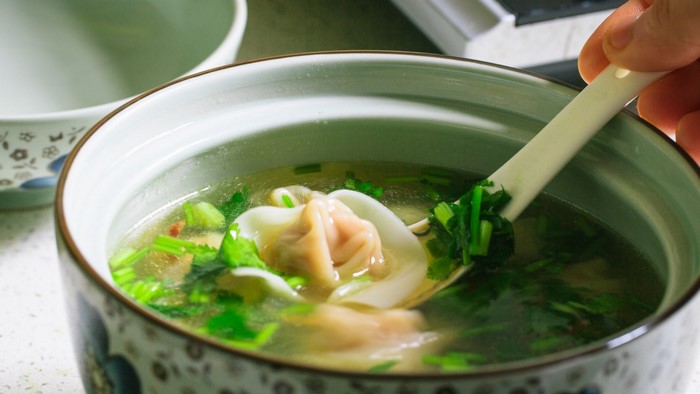 food, spoon, dumplings, herb, soup