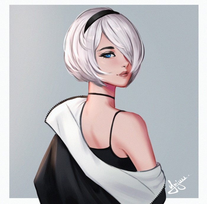 YoRHa 2B Digital Illustration with White Hair and Blue Eyes