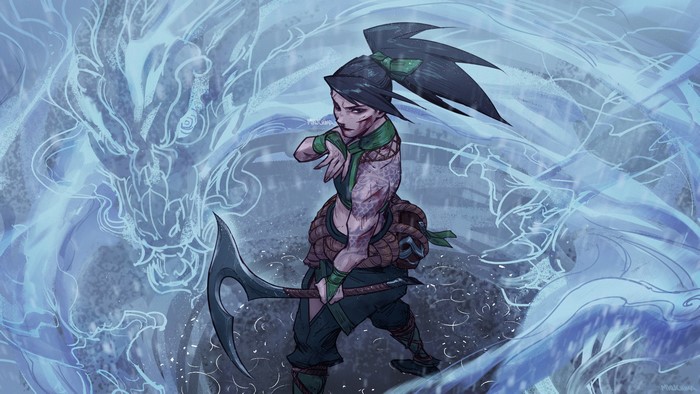 4K, fan art, tattoo, League of Legends, blood, dark hair, MKUCHIMA, purple eyes, Riot Games, illustration, women, artwork, Akali(League of Legends), video game girls, digital art, video game characters, dragon