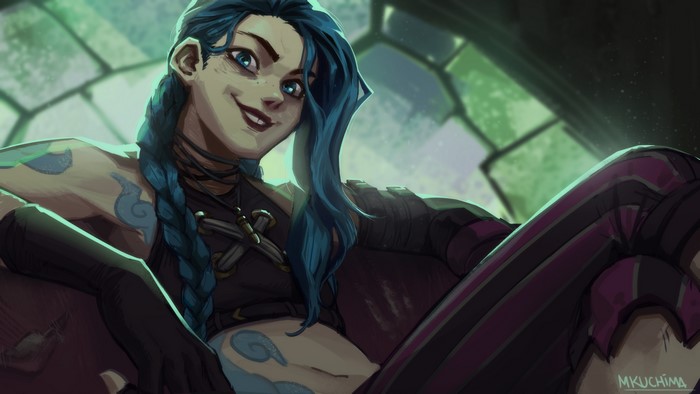 4K, artwork, League of Legends, illustration, blue eyes, Arcane, women, tattoo, smile, video game girls, smiling, blue hair, video game characters, fan art, Jinx (League of Legends), MKUCHIMA, Riot Games, digital art