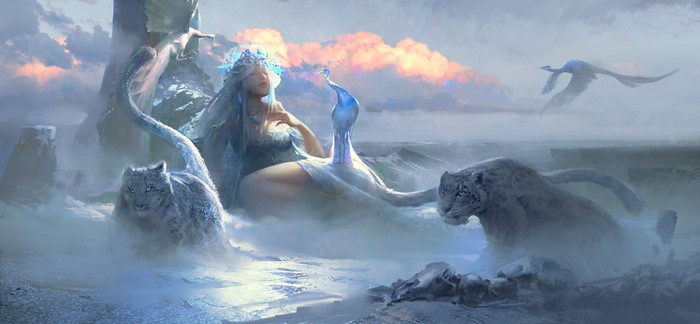 4K, illustration, big cats, closed eyes, fantasy girl, animals, leopard, women, peacocks, Classic of Mountains and Seas, mammals, fantasy art, Pixiv, birds