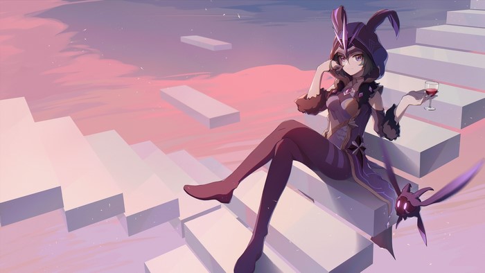 anime, hoods, drinking glass, anime girls, legs crossed, legs, sitting, Genshin Impact, looking at viewer