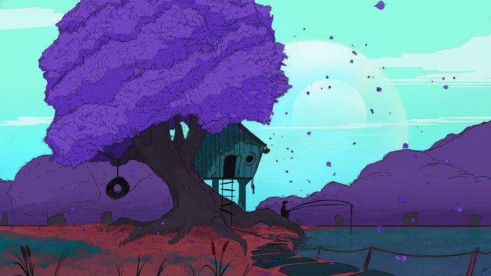 digital art, JoeyJazz, fisherman, trees, nature