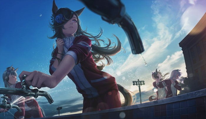 hair over one eye, white shirt, gym clothes, Rice Shower (Uma Musume), arms up, smile, sports jerseys, water splash, parted lips, pink eyes, red pants, clouds, low-angle, water drops, hat, red panda, Namako Mikan, sunrise, Mejiro McQueen (Uma Musume), closed eyes, anime girls, animal ears, tail, open mouth, looking back, 2D, brunette, silver hair, white hair, anime, red eyes, artwork, standing, horse girls, fan art, long hair, Pixiv, Gold Ship (Uma Musume), rolled sleeves, Uma Musume Pretty Derby, Tokai Teio (Uma Musume), purple hair, bicolored hair