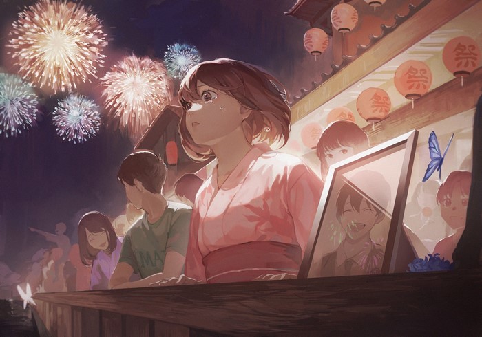 4K, short hair, Asian architecture, butterfly, brown eyes, crying, kimono, yukata, fireworks, anime, anime girls, brunette