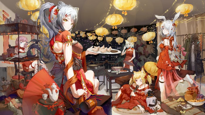 4K, anime, Arknights, Schwarz(Arknights), cat ears, anime girls, Kaltsit (Arknights), Bodhi Wushushenghua, Frostnova(Arknights), sitting, dress