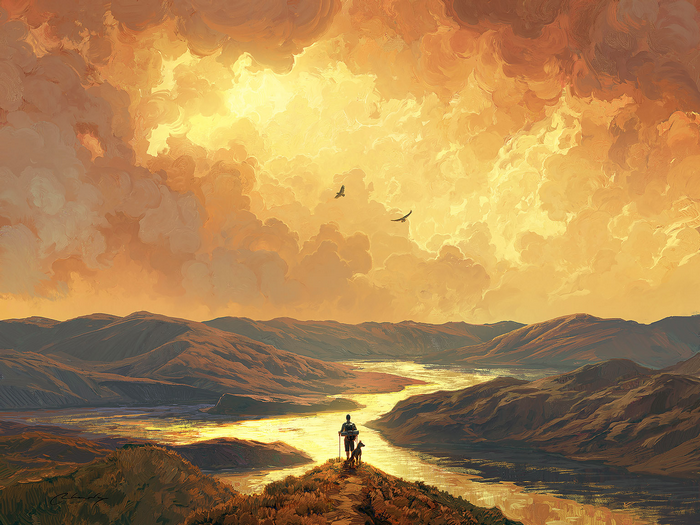 birds, nature, landscape, the traveler, river, dog, digital painting, mountains, sky, RHADS, clouds