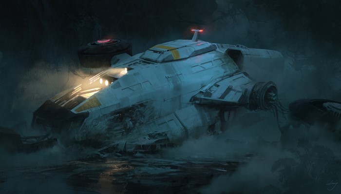 digital art, futuristic, vehicle, spaceship, science fiction, wreck, artwork