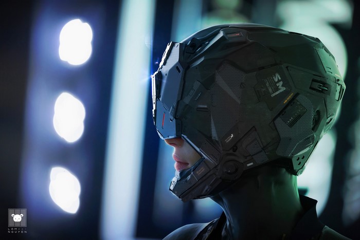 futuristic, science fiction, helmet, artwork