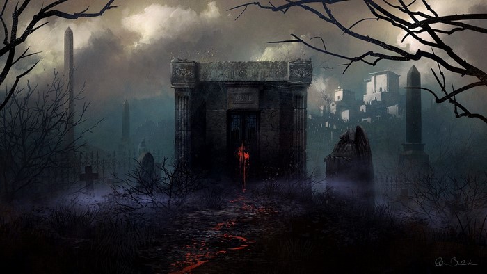 medieval, artwork, fantasy art, tomb, cemetery, blood