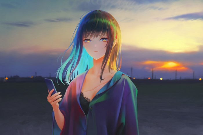 4K, bra, Arata Yokoyama, anime girls, anime, NaBaBa (DeviantArt), bangs, cyan hair