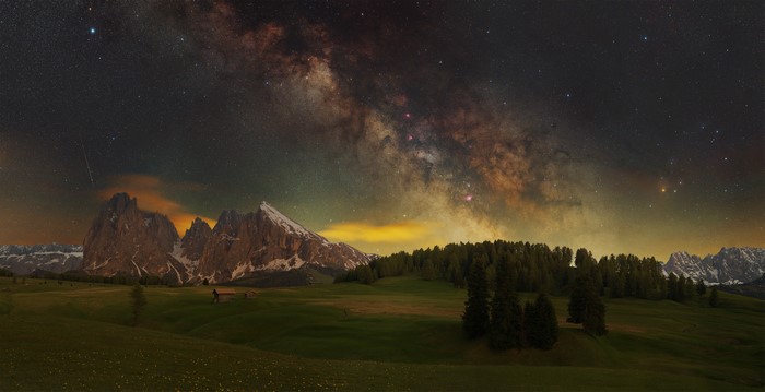 4K, Dolomites (mountains), landscape, Milky Way, trees, nature