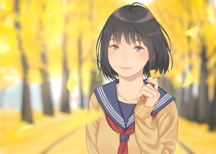 short hair, long nails, looking at viewer, anime, fall, black hair, sailor uniform, smiling, anime girls, trees