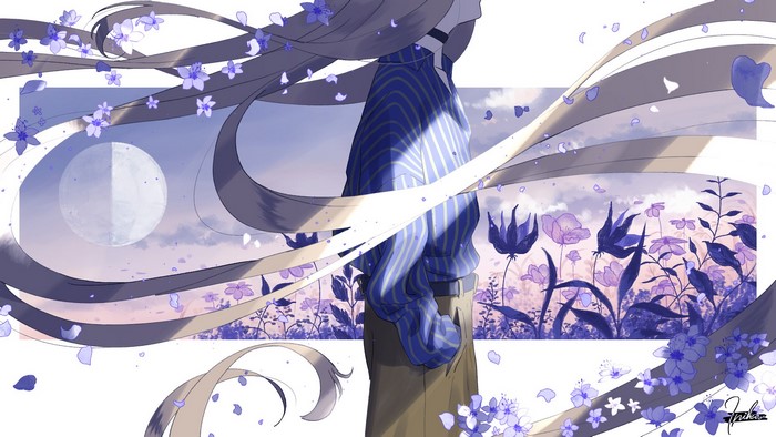 anime, flowers, necklace, anime girls, belt, blonde, sky, Moon, long hair, petals, white background, clouds