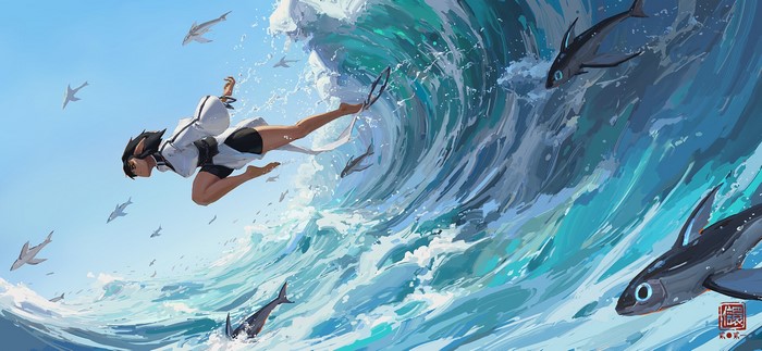 ArtStation, dark hair, animals, fantasy girl, waves, sea