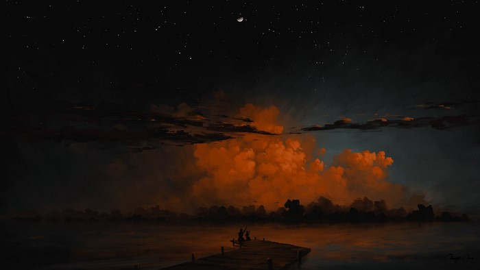clouds, lake, Moon, landscape, nightscape, couple, sky, BisBiswas, digital painting