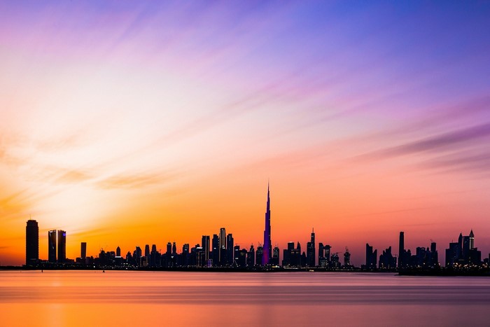 skyscraper, city, sea, sunset, Dubai, cityscape, Burj Khalifa