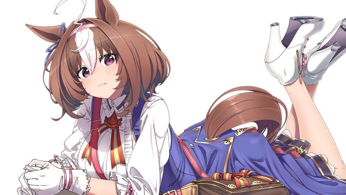 4K, Shinomu (CinoMoon), solo, ahoge, white hair, thighs, horse girls, looking at viewer, bangs, animal ears, white high heels, uniform, white gloves, bicolored hair, fan art, lying on front, purple eyes, Uma Musume Pretty Derby, legs up, anime girls, blue dress, tail, brunette, blushing, Meisho Doto (Uma Musume), short hair, simple background, artwork