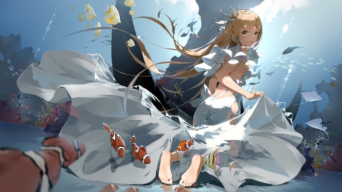 4K, blonde, yellow eyes, anime girls, dress, underwater, long hair, anime, Bodhi Wushushenghua, fish