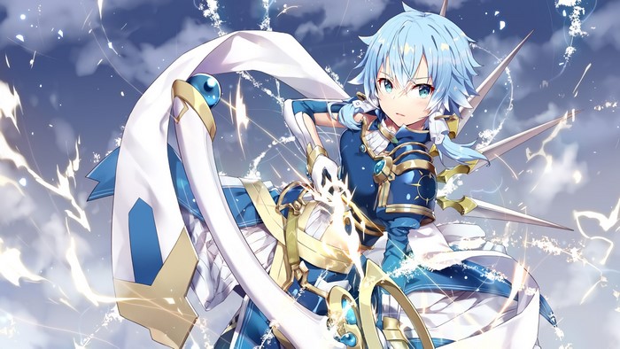blue eyes, anime girls, Sword Art Online Alicization, armor, bow and arrow, Gabiran, Sword Art Online, Sinon (Sword Art Online), Asada Shino, blue hair
