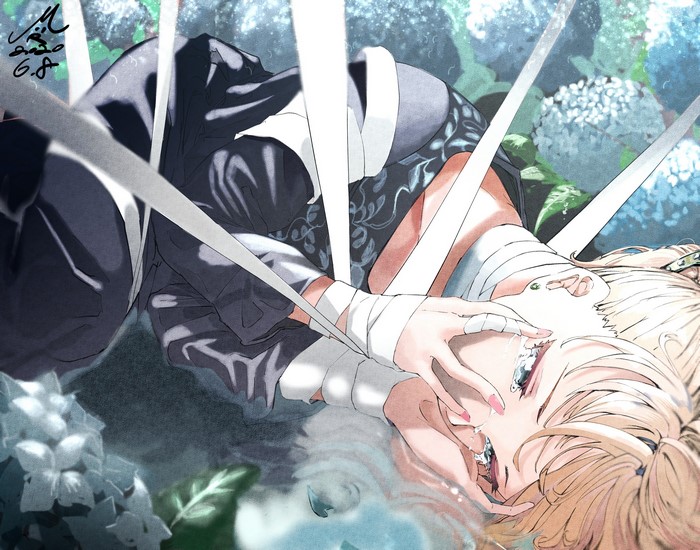 dress, pink nails, anime, flowers, blonde, petals, long hair, barrette, in water, long nails, earrings, crying, anime girls, ribbons