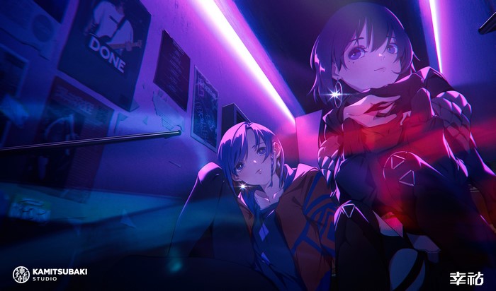 4K, neon lights, anime, short hair, earrings, gloves, Virtual Youtuber, jacket, multicolored hair, anime girls, stairs, blue hair