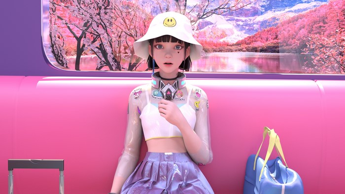 4K, women indoors, anime girls, JYANME, anime, dark hair, women with hats, blue eyes, looking at viewer, smiley, sitting, hat