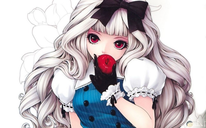 white hair, gloves, long hair, wavy hair, Snow White, red apple, red eyes, ribbon, blue dress, white flowers
