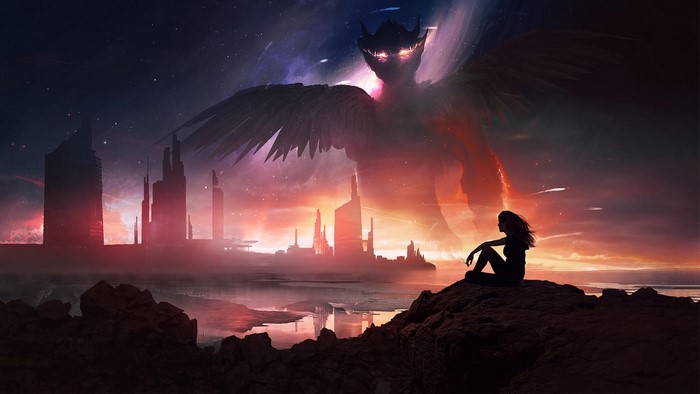 fantasy city, t1na, fantasy art, smoking, digital art