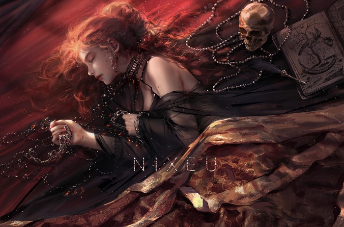 Nixeu, necklace, bare shoulders, drawing, redhead, books, earrings, blankets, skull, jewelry, women, dress, black clothing