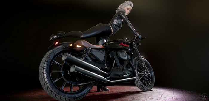 women, CGI, Indian (brand), blonde, motorcycle, black clothing, 3D, artwork, digital art, vehicle, Seungmin Kim, helmet, 3d design