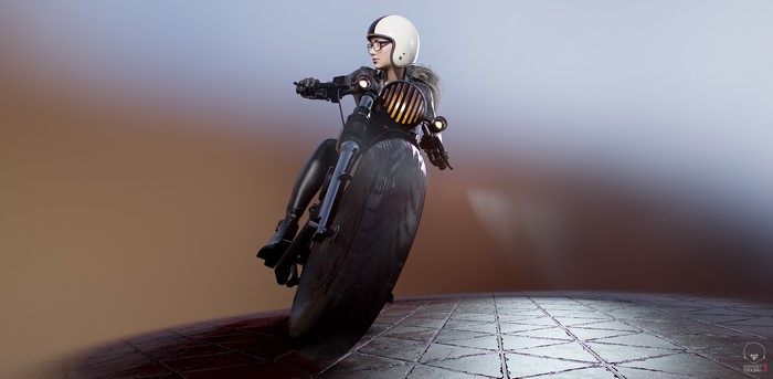 Seungmin Kim, blonde, digital art, CGI, Indian (brand), black clothing, helmet, 3d design, 3D, vehicle, motorcycle, women, artwork