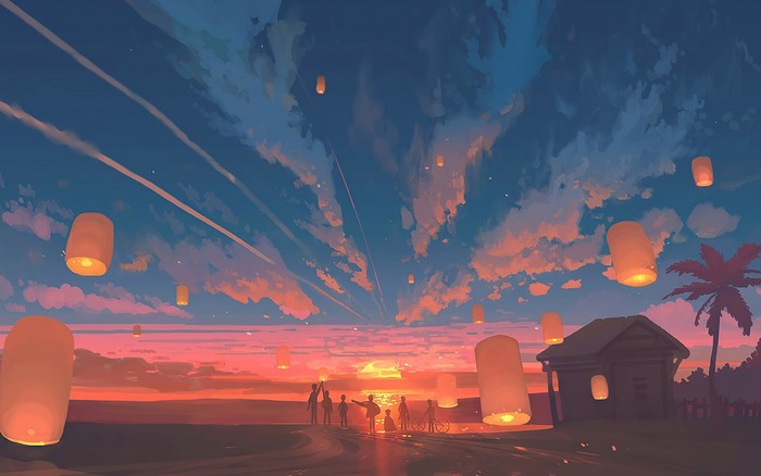 lantern, sunset, artwork, sky, clouds