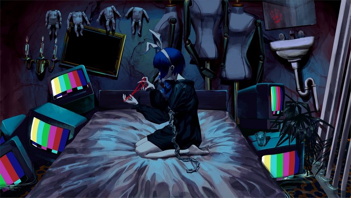 short hair, bed, mannequin, anime girls, blue hair, mirror, black dress, doll, CRT Monitor, anime, in bed, water, chains