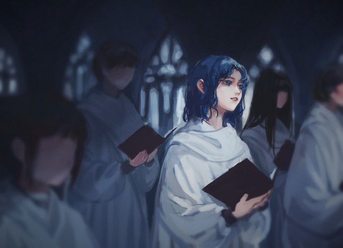 anime girls, white dress, blue hair, short hair, books, blue eyes, prayer, anime, church