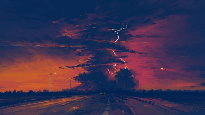 clouds, rain, digital art, BisBiswas, sky, sunset