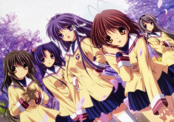 purple hair, stockings, Clannad, school uniform, Ibuki Fuko, cherry blossom, twintails, brunette, Ichinose Kotomi, anime girls, Fujibayashi Kyou, Furukawa Nagisa, hair ribbon, Sakagami Tomoyo