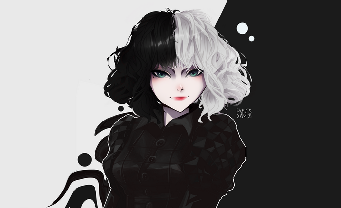 4K Digital Art of Disney's Cruella with Black and White Hair