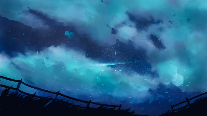 4K, digital art, night sky, stars, fence, night, hexagon, clouds, grass