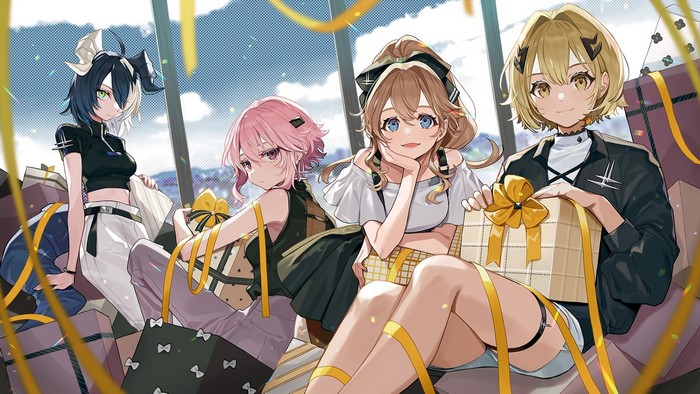 pink hair, Alchemy Stars, anime girls, blonde, anime, Youcapriccio, short hair, horns, tail, blue eyes