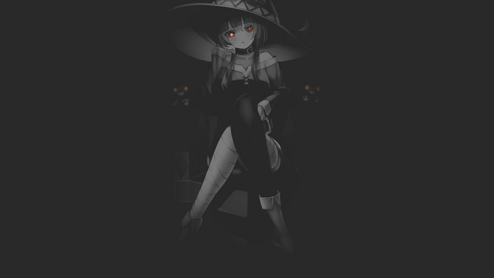 throne, selective coloring, monochrome, anime girls, Kono Subarashii Sekai ni Shukufuku wo!, dark background, magic girl, cats, minimalism, manga, anime, illustration, fan art, Megumin (KonoSuba), magic, aonagi nemuri