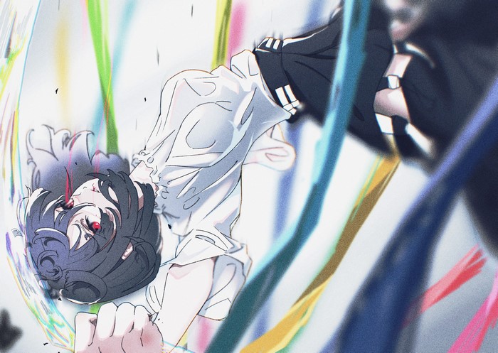 red eyes, anime girls, anime, looking at viewer, black hair, falling, short hair