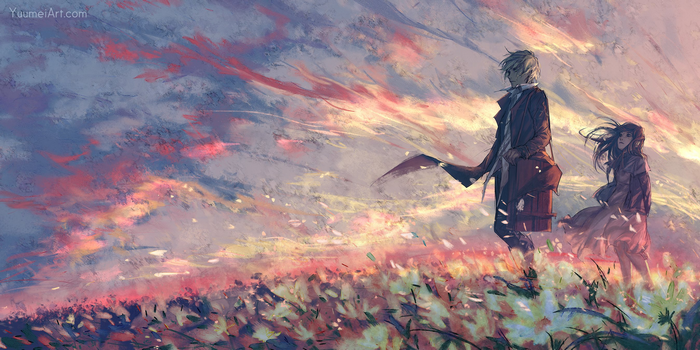 sky, sunset, Yuumei, digital art